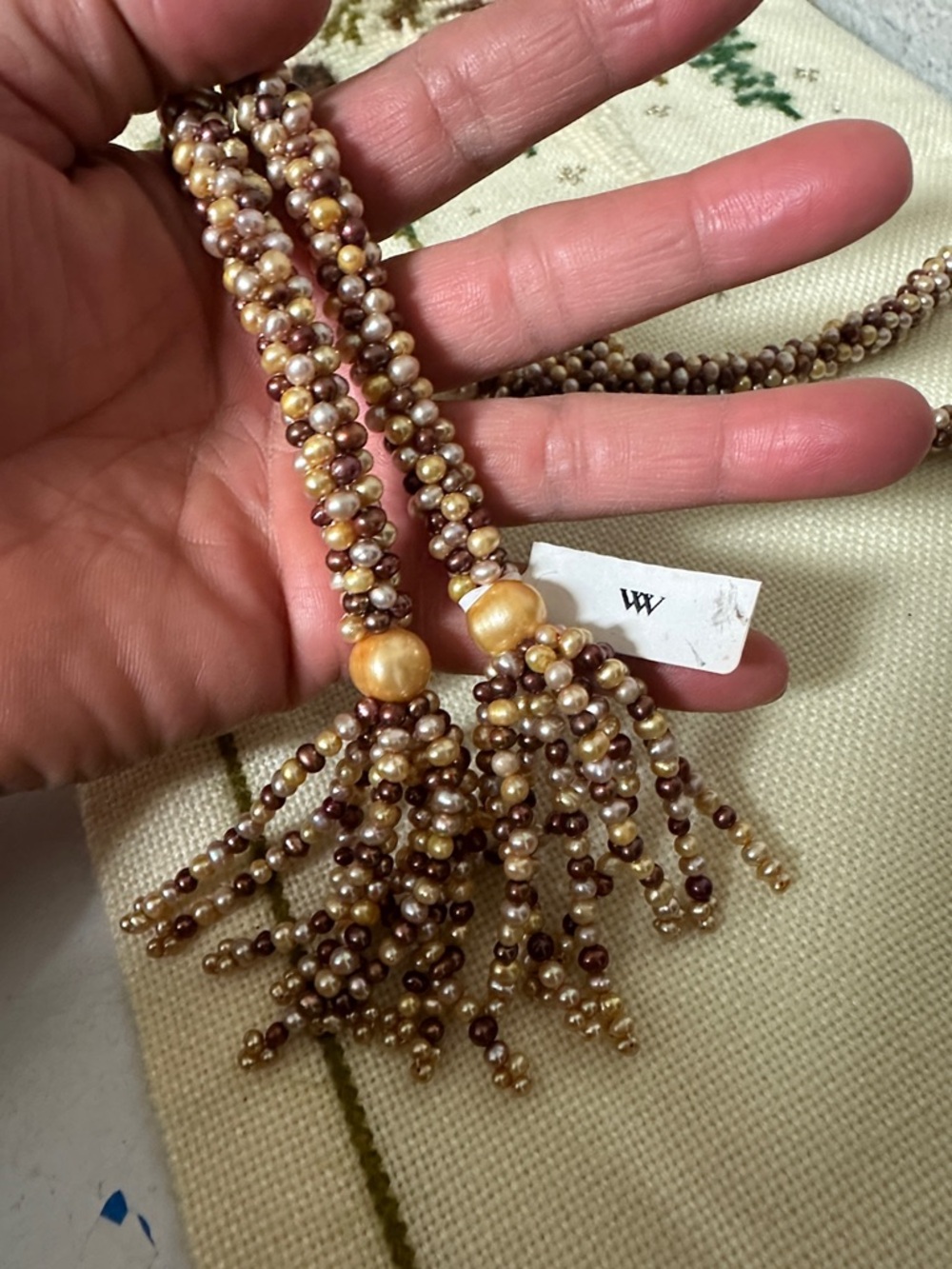Multi-Strand Beaded Tassel Necklace in Champagne and Brown by